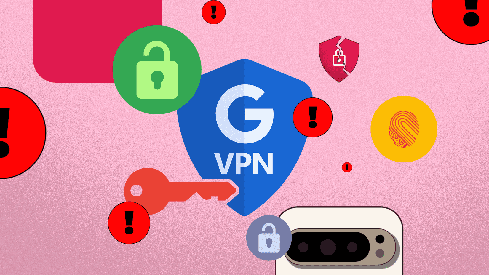 警告アイコン、壊れたロック、セキュリティ シンボルで囲まれた Google VPN シールドのイラスト。